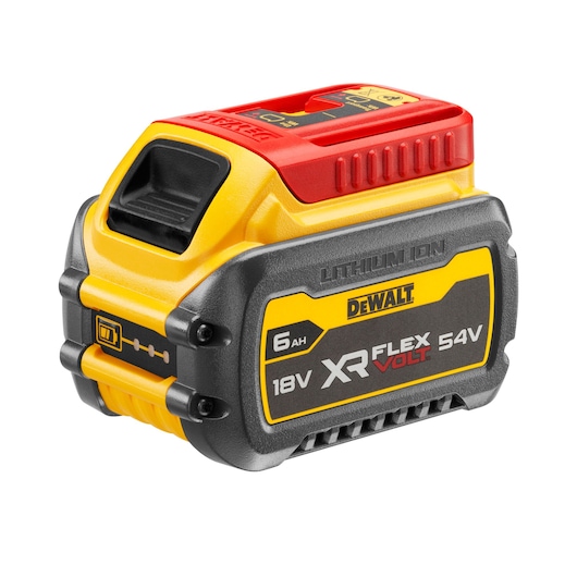 6ah battery XR FLEXVOLT with red transportation cap, ¾ view