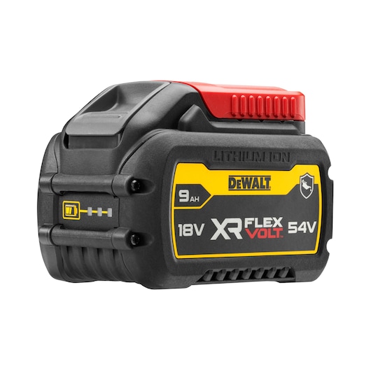 XR FLEXVOLT 9.0Ah Oil Resistant Battery with red transportation cap ¾  view