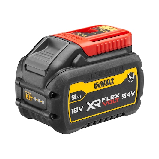 XR FLEXVOLT 9.0Ah Oil Resistant Battery with red transportation cap angled view