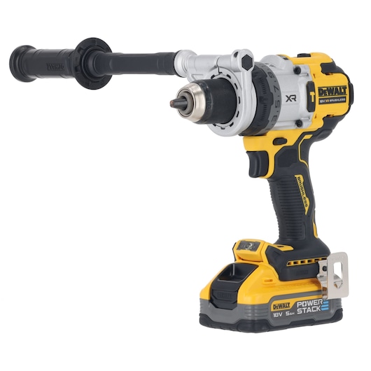 18V XR Brushless Premium Hammer Drill Driver with side handle and 5.0Ah Powerstack battery attached