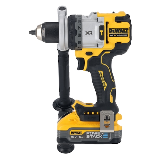 Side view of 18V XR Brushless Premium Hammer Drill Driver with side handle and 5.0Ah Powerstack battery attached