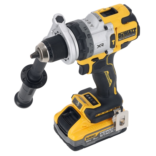 18V XR Brushless Premium Hammer Drill Driver with side handle and 5.0Ah Powerstack battery attached