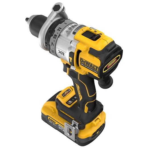 Overhead view of bare unit 18V XR Brushless Premium Hammer Drill Driver with side handle and 5.0Ah Powerstack battery attached
