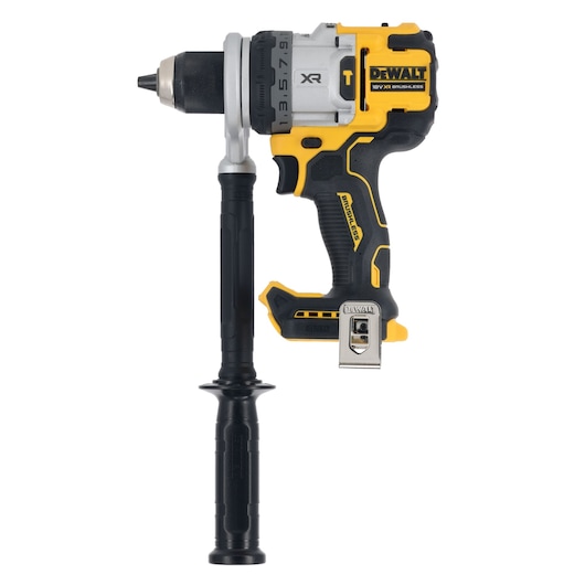 Side view of bare unit 18V XR Brushless Premium Hammer Drill Driver with side handle attached