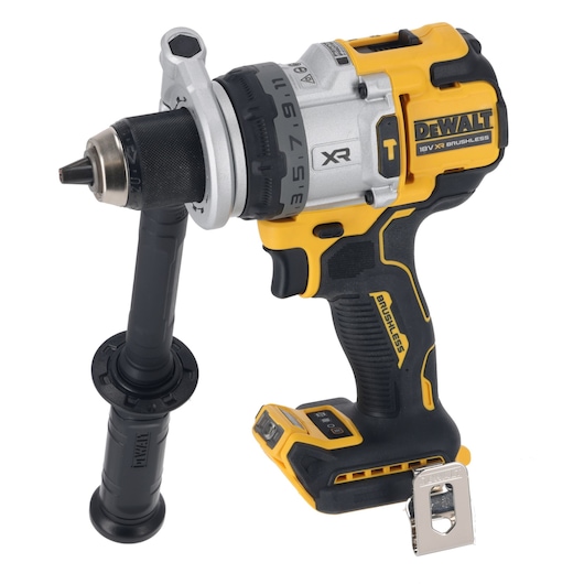 Angled view of bare unit 18V XR Brushless Premium Hammer Drill Driver with side handle attached