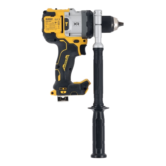 Back view of bare unit 18V XR Brushless Premium Hammer Drill Driver with side handle attached