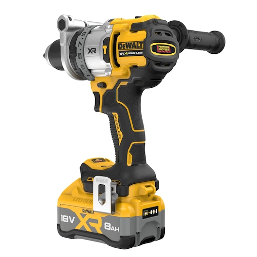 Angled back view of 18V XR Brushless Premium Hammer Drill Driver with side handle with 8Ah battery