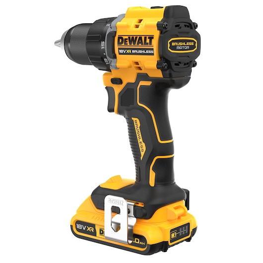 18V XR Brushless Compact Hammer Drill Driver with 18V 2Ah battery 3/4 rear view