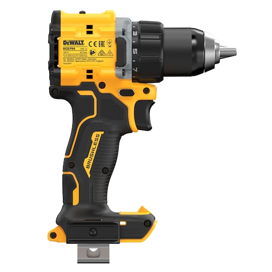 18V XR Brushless Compact Hammer Drill Driver bare unit right side view
