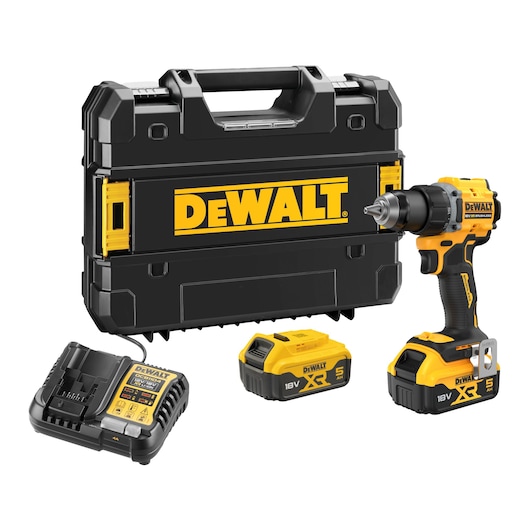 8V XR Brushless Compact Hammer Drill Driver, x2 5.0 Ah batteries, DCB1104 charger and tstak