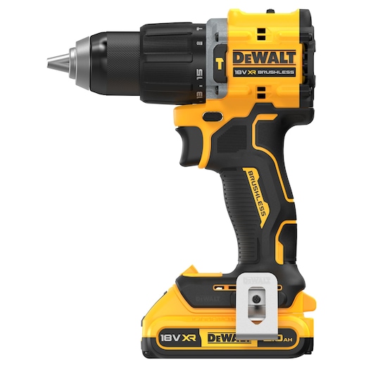 18V XR Brushless Compact Hammer Drill Driver with 18V 2Ah battery side view