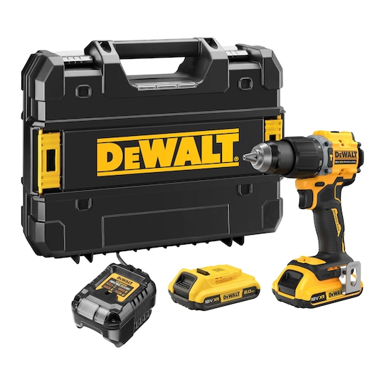 18V XR Brushless Compact Hammer Drill Driver, x2 2.0 Ah batteries, DCB1102 charger and tstak