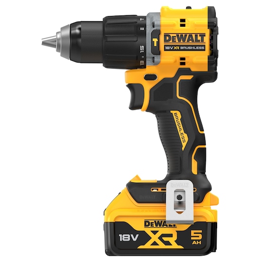 18V XR Brushless Compact Hammer Drill Driver with 18V 5Ah battery side view