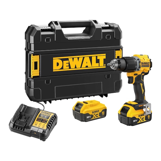 18V XR Brushless Compact Hammer Drill Driver, x2 5.0 Ah batteries, DCB1104 charger and tstak