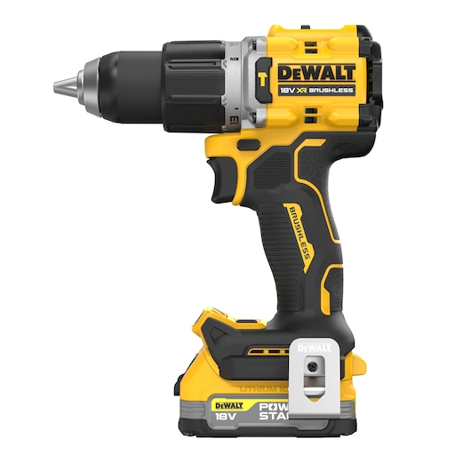 18V XR Brushless Hammer Drill Driver with POWERSTACK 5.0Ah battery side view