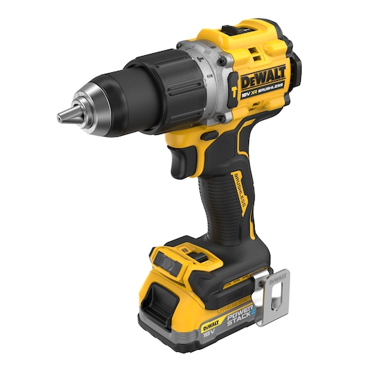 18V XR Brushless Hammer Drill Driver with POWERSTACK 5.0Ah battery angled front view