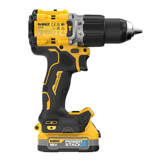 18V XR Brushless Hammer Drill Driver with POWERSTACK 5.0Ah battery rear view