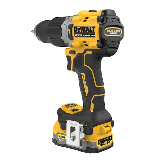 18V XR Brushless Hammer Drill Driver with POWERSTACK 5.0Ah battery angled rear view