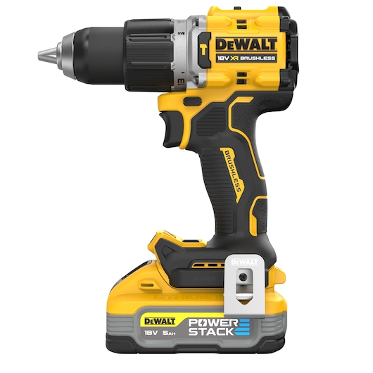 18V XR Brushless Hammer Drill Driver with POWERSTACK 5.0Ah battery side view