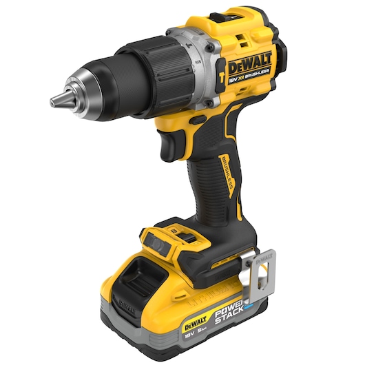18V XR Brushless Hammer Drill Driver with POWERSTACK 5.0Ah battery angled front view