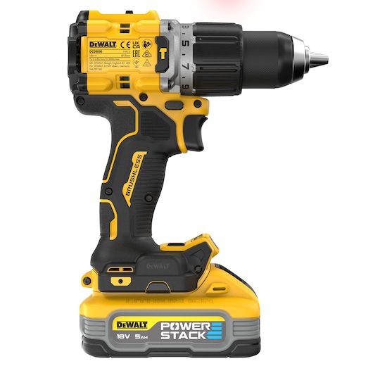 18V XR Brushless Hammer Drill Driver with POWERSTACK 5.0Ah battery angled side view