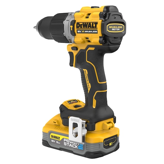 18V XR Brushless Hammer Drill Driver with POWERSTACK 5.0Ah battery angled rear view