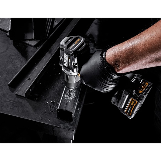 Limited Edition DEWALT/McLaren Drill Driver being used in the fabrication of steel framework/crossmember shot from above