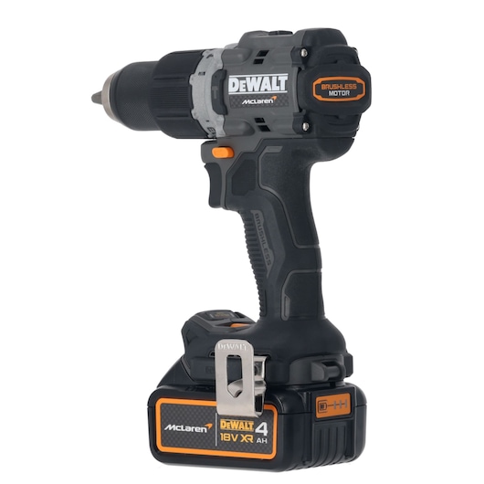DEWALT/McLaren Drill Driver with 18V XR 4Ah battery 3/4 view from rear