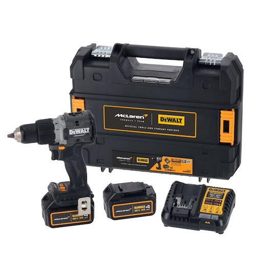 DEWALT/McLaren kit comprising of Drill Driver DCD85M, 2 X 18V 4Ah batteries, charger DCB1104 and case