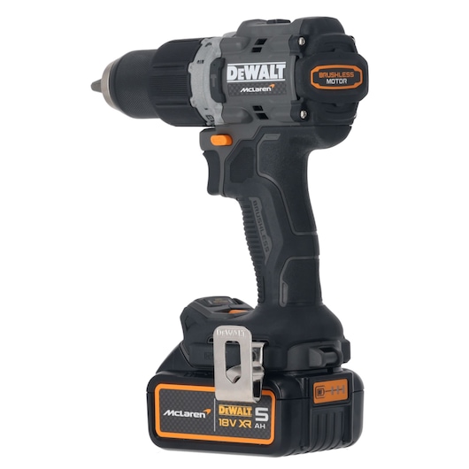 DEWALT/McLaren Drill Driver with 18V XR 5Ah battery 3/4 view from rear