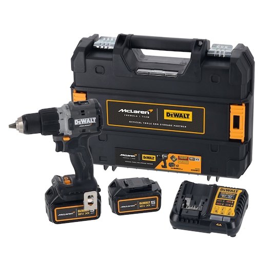 DEWALT/McLaren kit comprising of Drill Driver DCD85M, 2 X 18V 5Ah batteries, charger DCB1104 and case