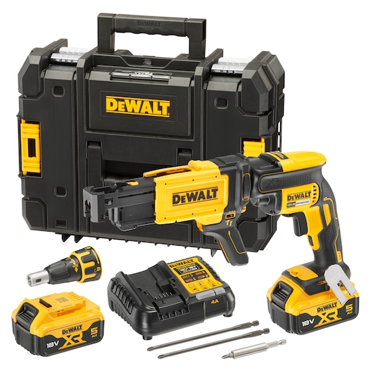 Kit includes DCF620 18V XR Brushless Drywall Screwdriver, x2 DCB184 5.0Ah batteries, DCB1104 charger, magnetic extender, x3 screwdriver bits and single nose cone and storage box