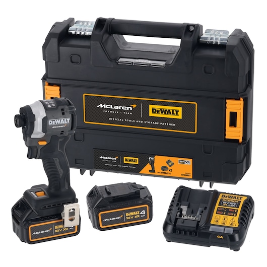 DEWALT/McLaren kit comprising of Impact  Driver DCF850, 2 X 18V 4Ah battery, charger DCB1104 and case