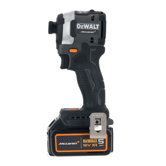 DEWALT/McLaren Impact  Driver with 18V XR 5Ah battery right side view