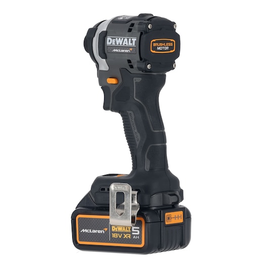 DEWALT/McLaren Impact  Driver with 18V XR 5Ah battery 3/4 view from rear