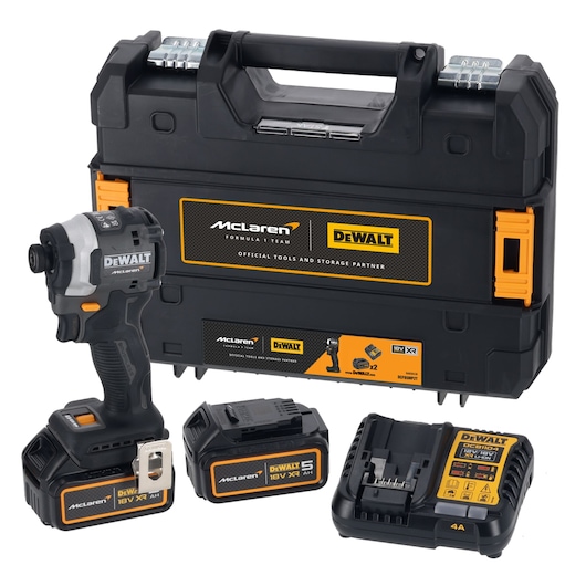 DEWALT/McLaren kit comprising of Impact  Driver DCF850, 2 X 18V 5Ah batteries, charger DCB1104 and case