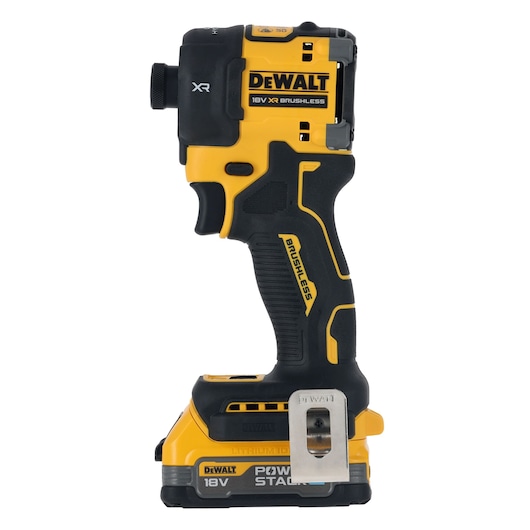 Front side view of 18V XR Brushless Impact Driver with Powerstack battery