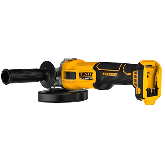 DEWALT 18V XR Brushless Angle Grinder 3/4 view showing handle and bottom of battery