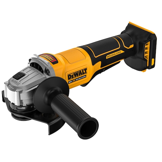 DEWALT 18V XR Brushless Angle Grinder 3/4 view showing handle and bottom of battery