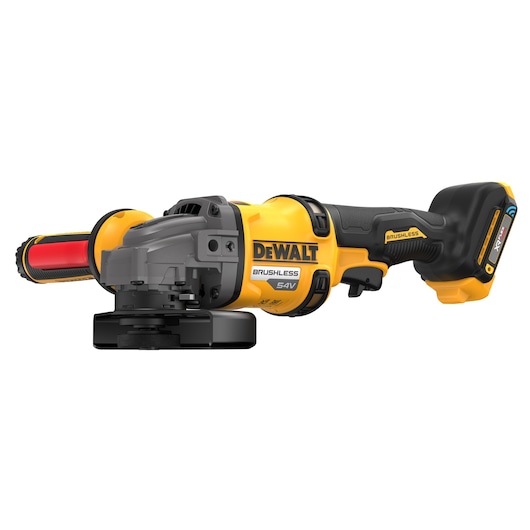 54V Brushless Flexvolt Angle Grinder bare unit 3/4 view showing side handle