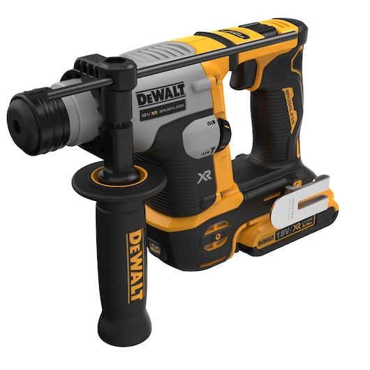 Profile of atomic 20 volt five eighths inch brushless cordless SDS plus rotary hammer kit.