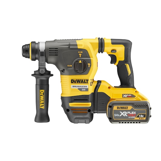 Side view of 54V XR FLEXVOLT 30mm SDS-Plus Hammer Drill with 9.0Ah battery