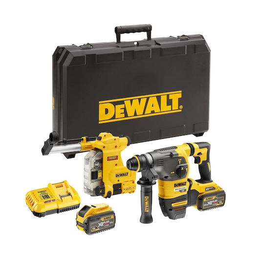 Kit includes 54V FlexVolt Brushless SDS Hammer Drill, Dust Extractor, x2 FlexVolt 18V 9.0Ah batteries, charger and case