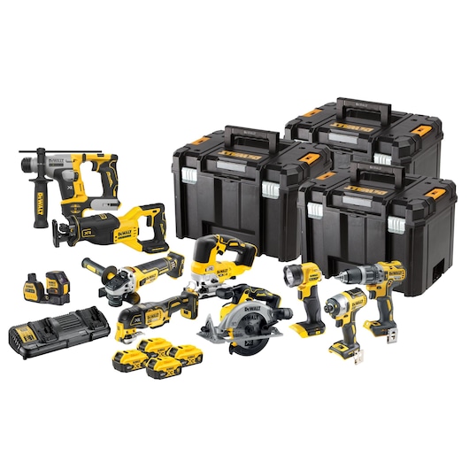 Cordless Kit including DCD796 Brushless Hammer Drill Driver, DCF887 Impact Driver, DCG405 125mm Angle Grinder, DCS565 165mm circular saw, DCS382 Reciprocating Saw, DCH172 SDS Hammer Drill, DCS356 Oscillating Multi-Tool, DCS334 Jigsaw, DCL040 LED Pivot Light, DCE088NG18 Cross Line Green Laser, DCB184 x4 5Ah batteries, DCB132 Dual Port Charger and x3 Tstak VI boxes
