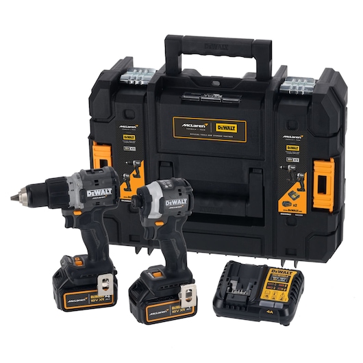 DEWALT/McLaren kit comprising of Drill Driver DCD85M, Impact Driver DCF850,  2 X 18V 4Ah batteries, charger DCB1104 and case