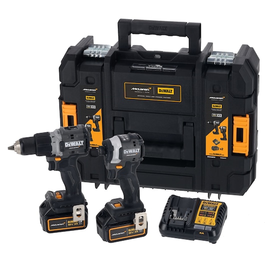 DEWALT/McLaren kit comprising of Drill Driver DCD85M, Impact Driver DCF850,  2 X 18V 5Ah batteries, charger DCB1104 and case