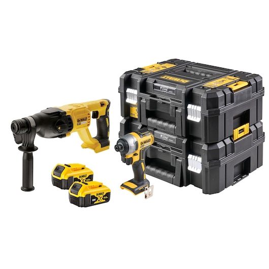 x2 Tstak kit cases with DCH133 hammer drill, DCF787 impact driver and x2 4AH batteries