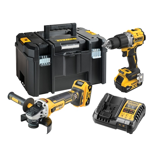 Kit including DCD805 Hammer Drill Driver, DCG405 125mm Angle Grinder, DCB184 x2 5Ah Batteries, DCB1104 Multi-Voltage Charger and Mid Tstak