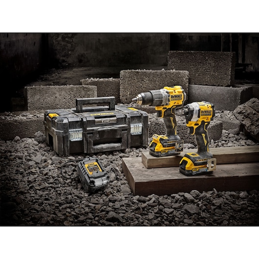 Kit including DCD805 18V Hammer Drill Driver, DCF850 18V Compact Impact Driver, 2x compact Powerstack batteries, DCB1102 charger and TSTAK Kit box