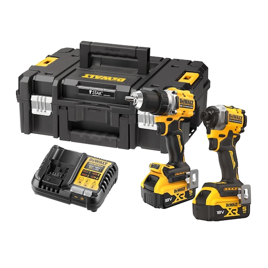 Kit including DCD800 18V XR drill driver, DCF850 18V XR impact driver, DCB1104 charger, DCB184 x 2 5.0Ah batteries and TSTAK II storage box